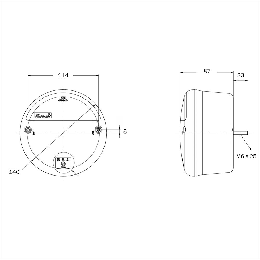 Rubbolite M811 Series 12/24V Round S/T/I Light | 140mm | Cable Entry - [811/09/00] - Line Drawing