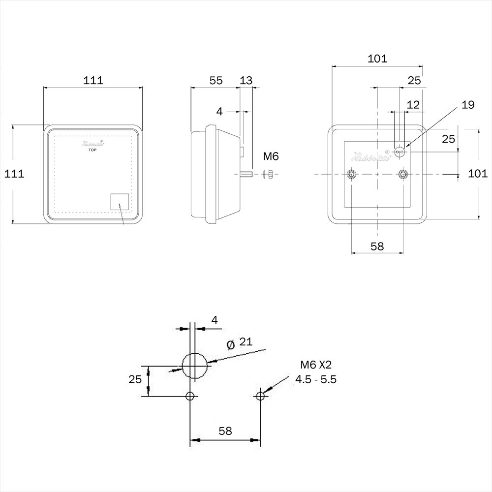 Rubbolite M311 Series 12/24V Square LED Rear Fog Light | 111mm | Cable Entry - [311LED/01/06] - Line Drawing