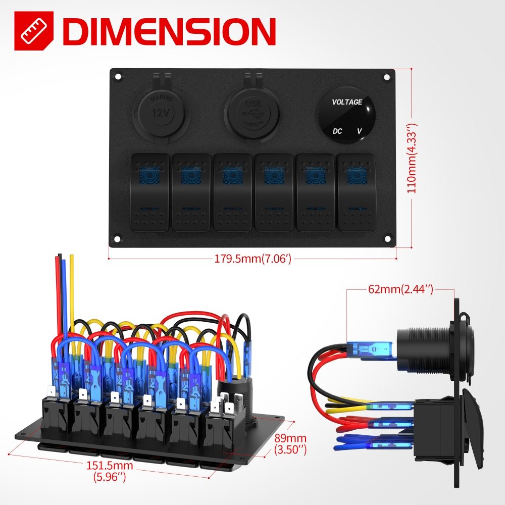 DBG 6x ON/OFF Rocker Switches w/ 2x USB, Cig Socket & Voltmeter | 12/24V | SP | Blue/Blue | Square Lens & Bar - [270.141]