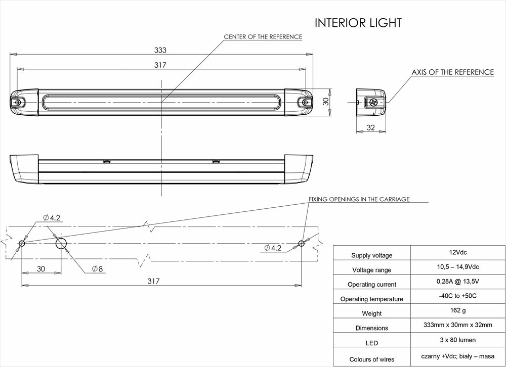 WAS LW02 Series 333mm 3-LED Interior Strip Light | 240lm | 24V | [LW02]